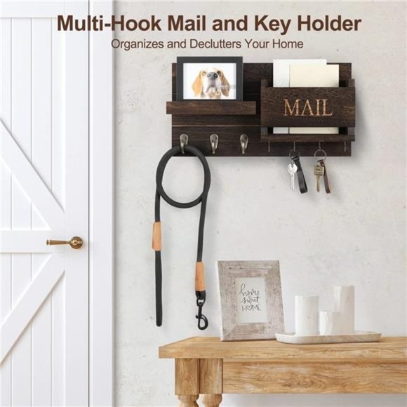 Mail Organizer for Wall Mount–KeyHolder with Shelf Includes Letter Holder &Hooks - Picture 5 of 8
